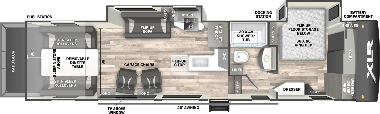 The XLR Nitro 31W16 floorplan is a toy hauler that has one entry and two slide outs. Exterior features include: fiberglass exterior and 20' awning. Interiors features include: front bedroom.